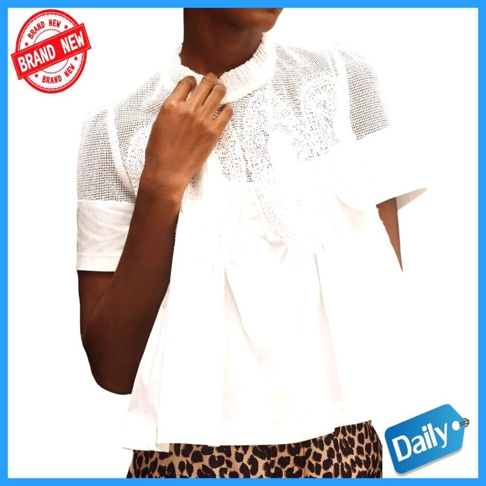 Lace Flared Short Sleeve Blouse Babydoll Top Ruffle Mesh Crew Neck
